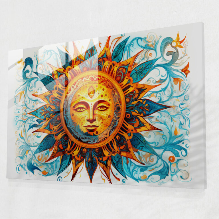 Decorative Glass Print - Sun Icon Surrounded By Intricate Patterns - Earth, Modern Art, Decorative, Wall Decoration
