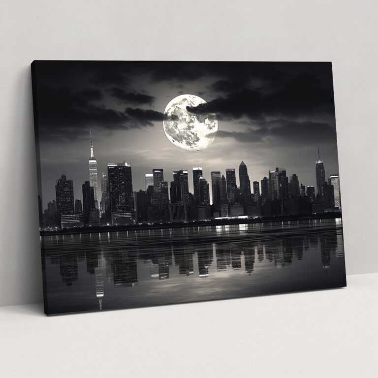 Moonlit Cityscape Canvas Print - Earth, Moon, Wall Art, Wall Decoration