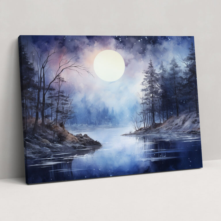 Moonlit Lake Canvas Print - Earth, Wall Art, Canvas Print, Watercolor Painting