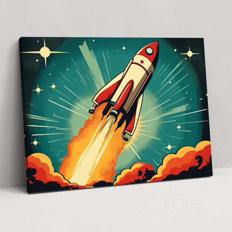 Retro Rocket Galaxy Wall Art - Earth, Rocket Ship, Canvas Wall Art, Home Decoration