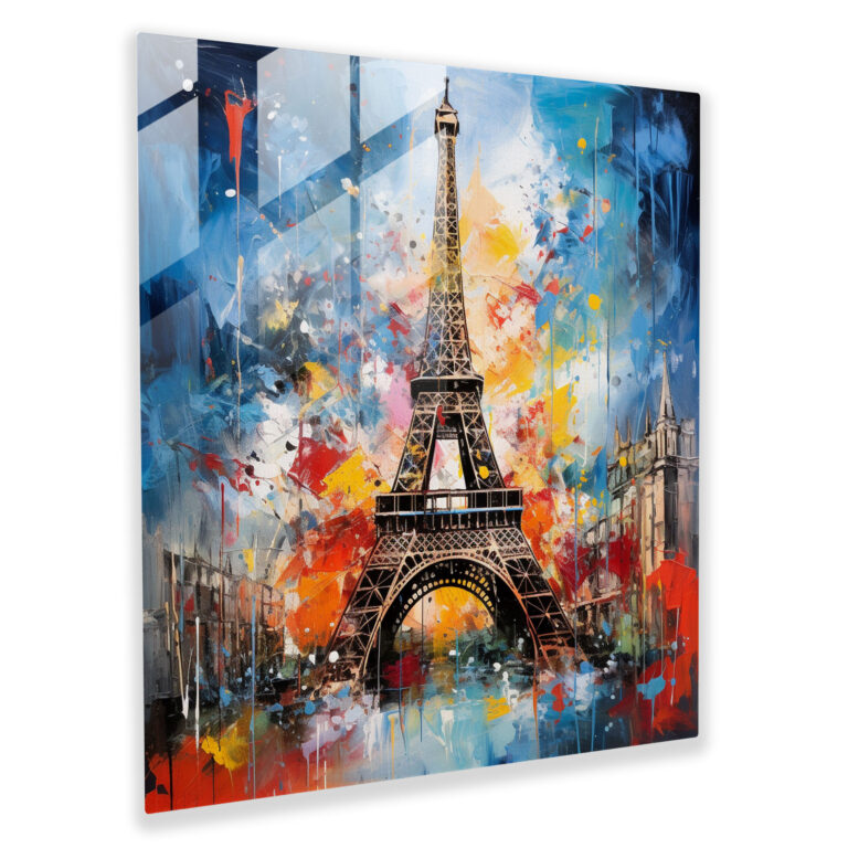 Eclectic Fusion: Eiffel Tower Glass Print - Abstract Mixed Media Artwork