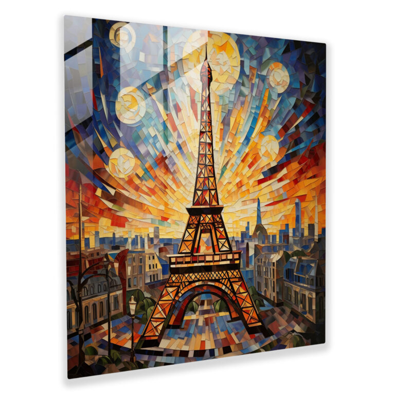 Geometric Fusion: Eiffel Tower Glass Print - Cubist-Inspired Mosaic