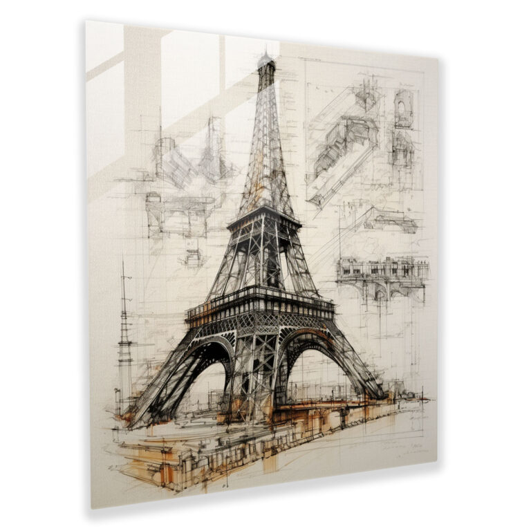Futuristic Fusion: Eiffel Tower Glass Print - Post-Modern Architectural Sketch