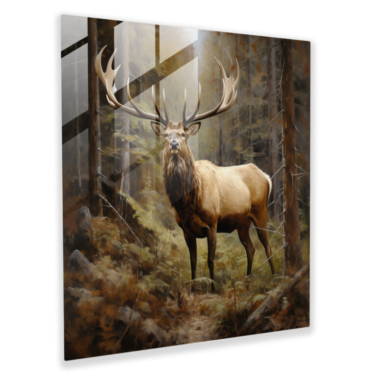 Glass Print: Regal Elk - Elk, Oil Painting, Modern Art, Forest