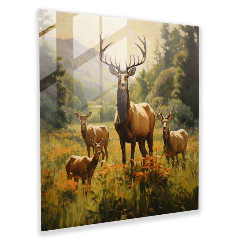 Harmonious Grazing Glass Print - Elk, Grazing, Family Of Elks, Home Decoration