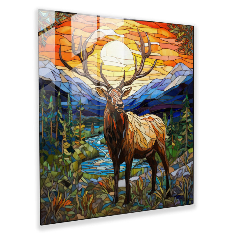 Artistic Wilderness Elk Glass Print - Elk, Glass Art, Elk In Natural Landscape, Stained Glass Mosaic