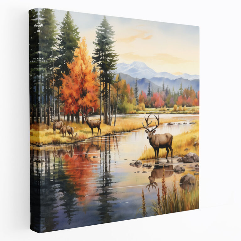 Elk Wall Art - Serene Fall Scene - Elk, Elk Wall Art, Watercolor Art, Fall Scene