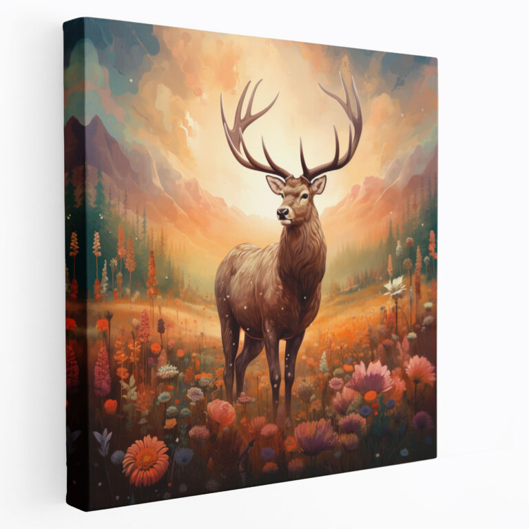 Elk Wall Decoration - Meadow Serenade - Elk, Canvas Print, Wildflower Meadow, Vintage-Style Artwork