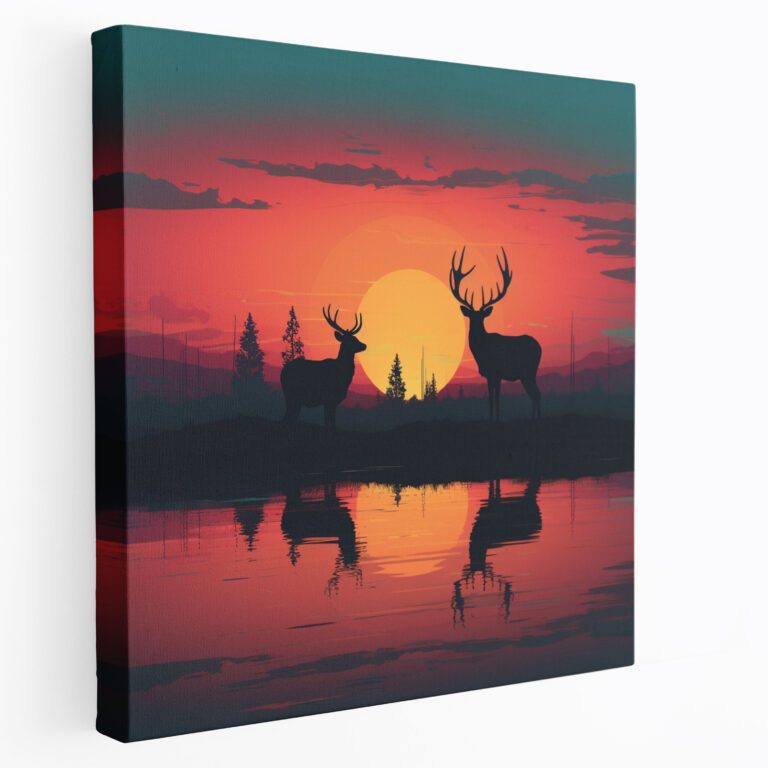 Elk Wall Decoration - Minimalist Digital Artwork - Canvas Print - Elk, Elk, Vibrant Sunset, Digital Artwork