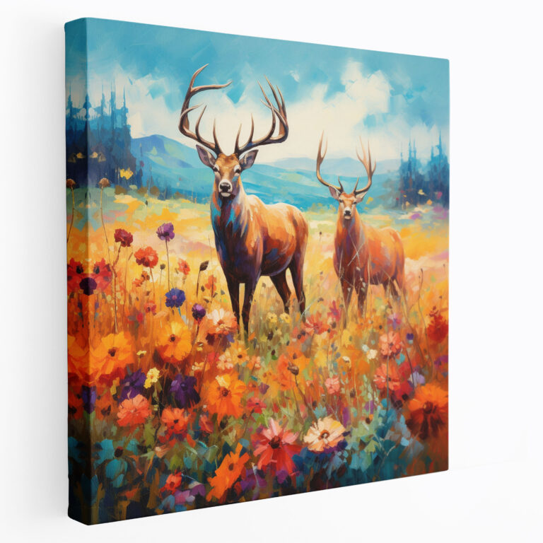 Elk Canvas Print - Impressionist Painting Of Grazing Elk In Wildflower Field - Elk, Canvas, Home Decoration, Wildflowers