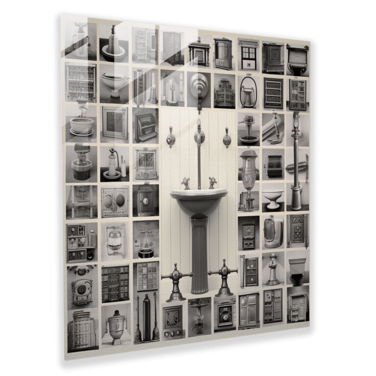 Timeless Elegance Glass Print - For Bathroom, Classic Bathroom Fixtures, Vintage Photographs, Collage Art