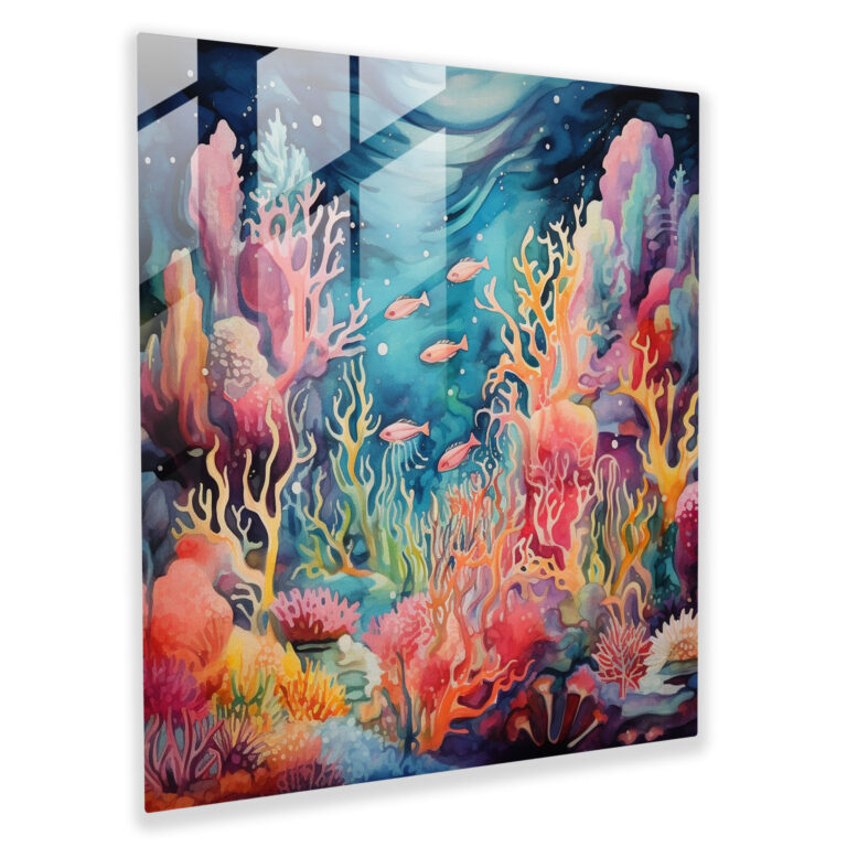 Whimsical Mermaids Glass Print - For Bathroom, Colorful Coral Reefs, Watercolor Painting, Glass Wall Art