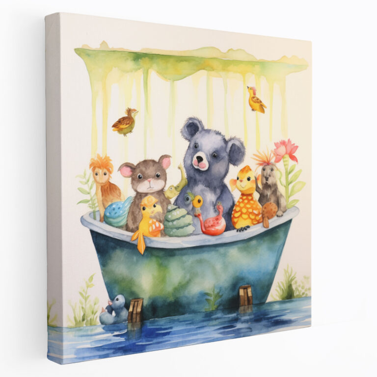 Animal Bathtub Canvas Print - For Bathroom, Watercolor Painting, Whimsical Wall Art, Playful Home Decoration