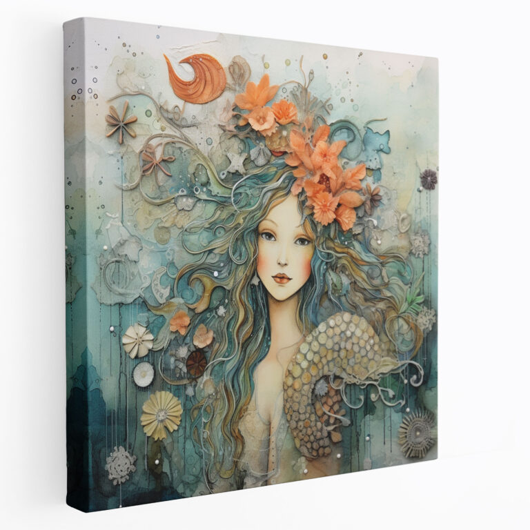 Mermaid Fantasy Canvas Print - For Bathroom, Canvas Wall Art, Whimsical Mixed Media, Home Decoration
