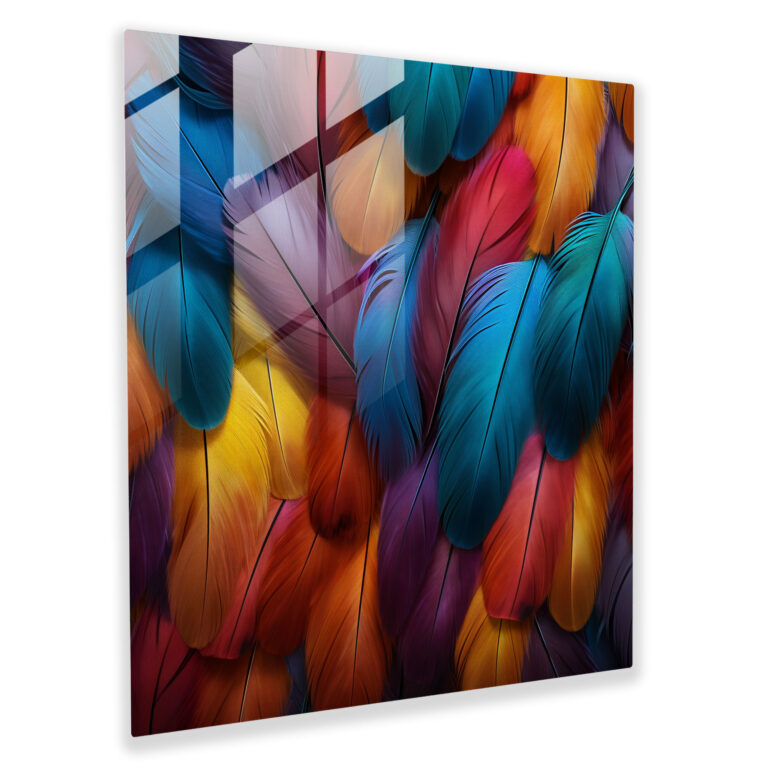 Colorful Feathers Glass Print - Feather, Feather, Vibrant Feathers, Home Decoration
