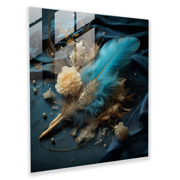 Graceful Feather Glass Print - Feather, Bed Of Flowers, Wall Decoration, Home Decoration