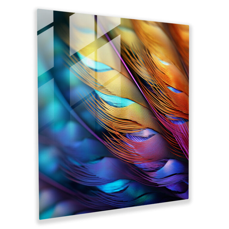 Iridescent Feathers Glass Print - Feather, Home Decoration, Intricate Details, Modern Art