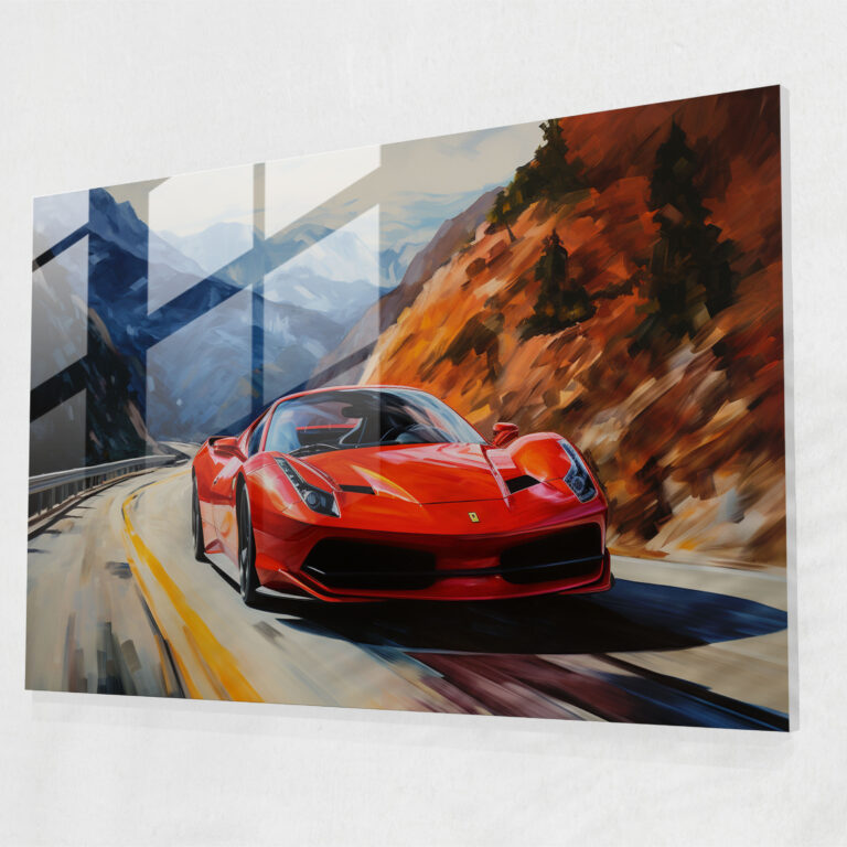 Ferrari Glass Wall Art - Vibrant Red Ferrari On Scenic Mountain Road - Ferrari, Glass Art, Wall Decoration, Modern Art