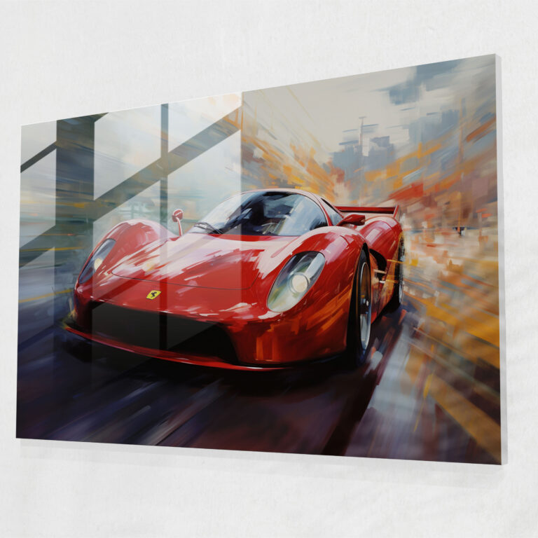 Ferrari Glass Print - Dynamic Oil Painting Of A Speeding Car - Ferrari, Home Decoration, Glass Art, Dynamic