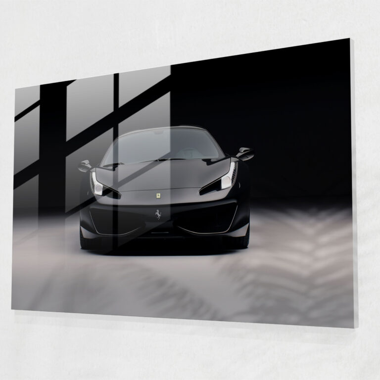 Ferrari Glass Print - Minimalist Black Sports Car On White Background - Ferrari, Home Decoration, Modern Art, Wall Decoration