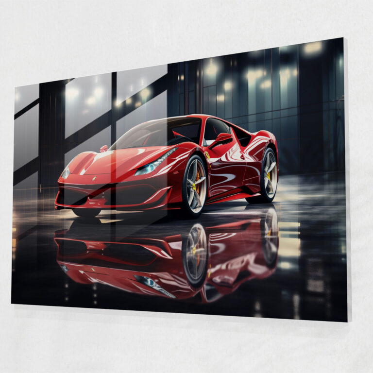 Ferrari Glass Wall Art - Realistic 3D Rendering Of A Glossy Red Car - Ferrari, Home Decoration, Wall Decoration, Glass Art