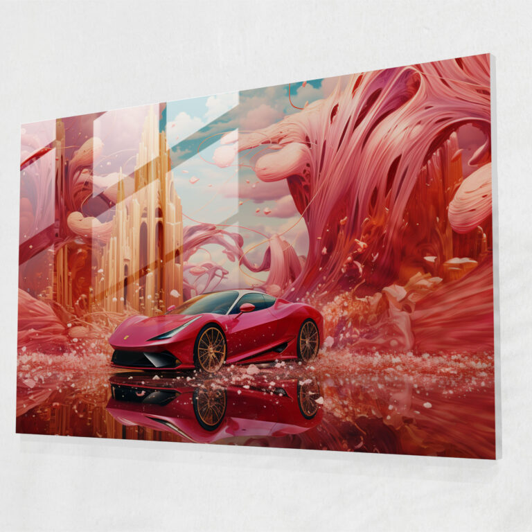 Ferrari Glass Wall Art - Surreal Floating Red Car With Dreamlike Elements - Ferrari, Dreamlike Elements, Glass Print, Floating Red Car