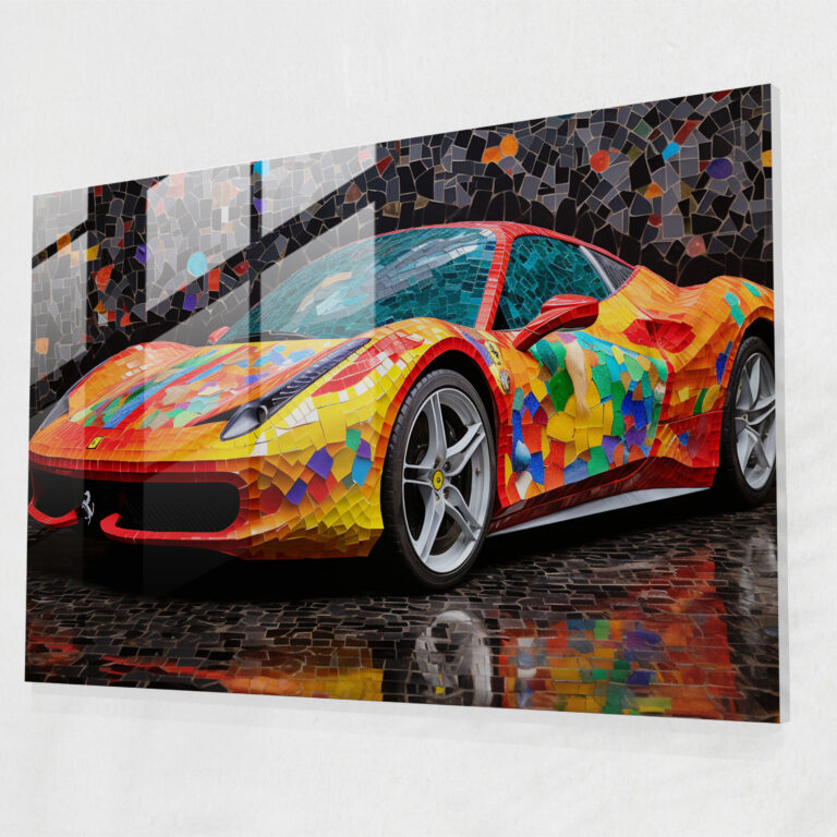 Ferrari Glass Print - Contemporary Mosaic Art With Colorful Car - Ferrari, Mosaic Art, Wall Decoration, Colorful Car
