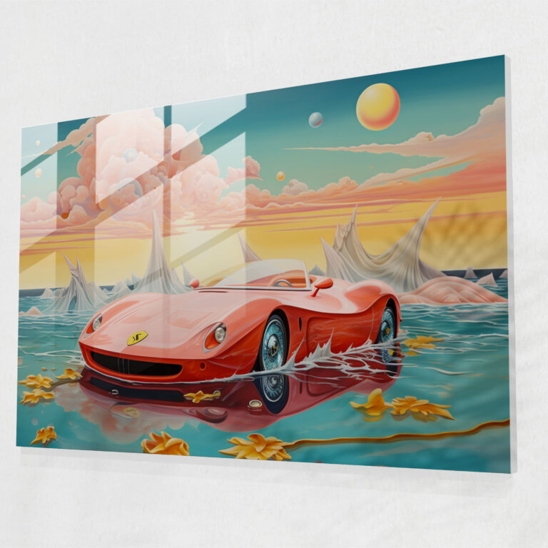 Ferrari Glass Print - Dreamy Seascape - Ferrari, Home Decoration, Imagination, Surreal Artwork