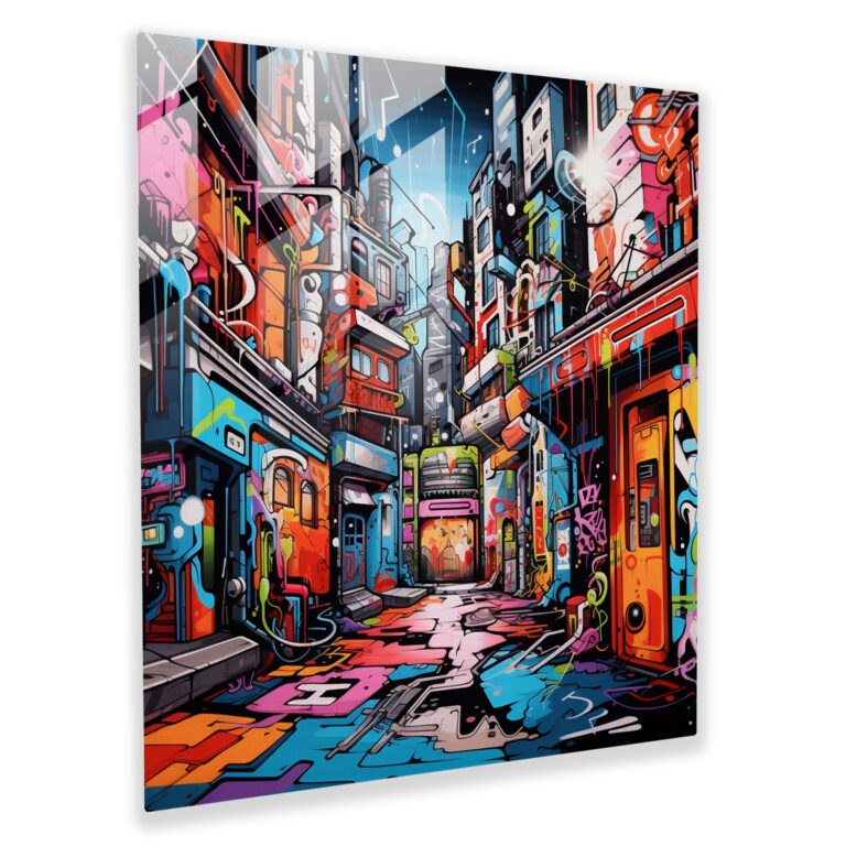 Funky Graffiti City Glass Print - Funky, Wall Decoration, Home Decoration, Vibrant Urban Scene