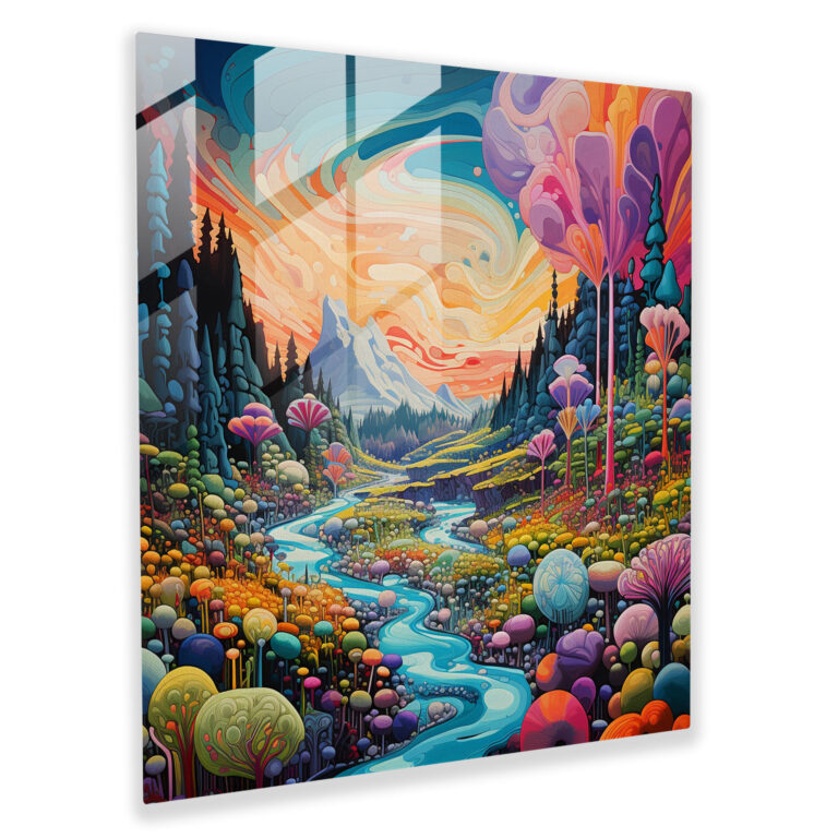 Funky Psychedelic Landscape Glass Print - Funky, Vibrant Hues, Psychedelic Landscape, Glass Print