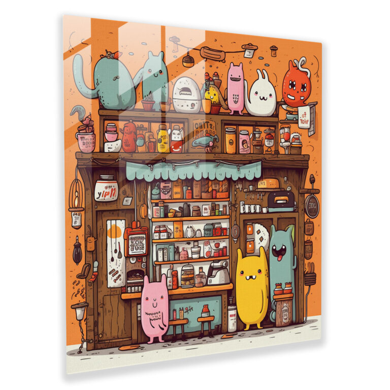 Whimsy Cafe Glass Print Wall Art - Funky, Glass Wall Art, Hand-Drawn Elements, Whimsical Characters