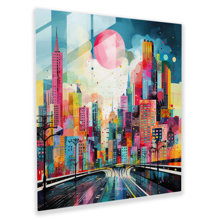 Vibrant Cityscape Glass Print - Funky, Funky, Geometric Shapes, Modern Art
