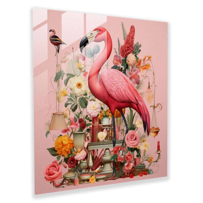 Whimsical Collage Flamingo Glass Print - Flamingo, Flamingo, Glass Print, Wall Decoration