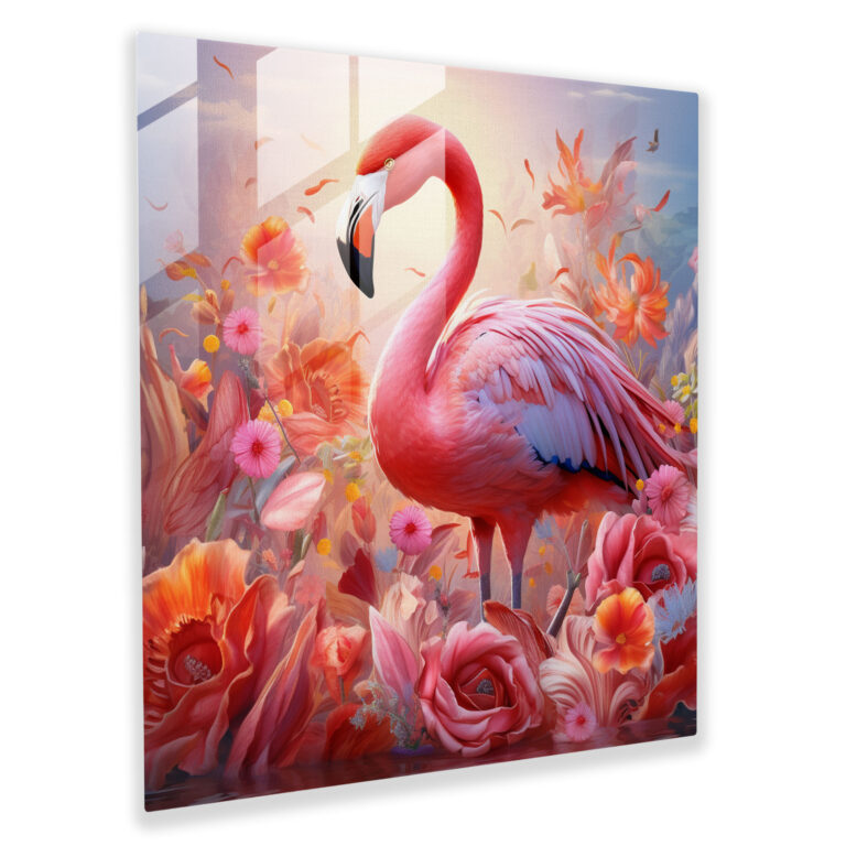 Blooming Flamingo Glass Print - Flamingo, Modern Art, Glass Print, Blooming Flowers