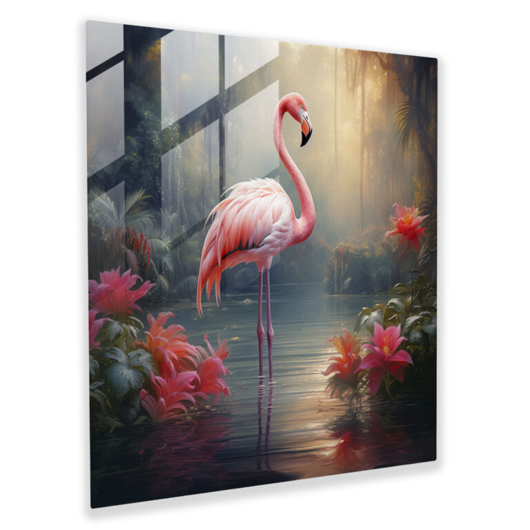 Lakeside Flamingo Glass Print - Flamingo, Wall Decoration, Glass Art, Flamingo