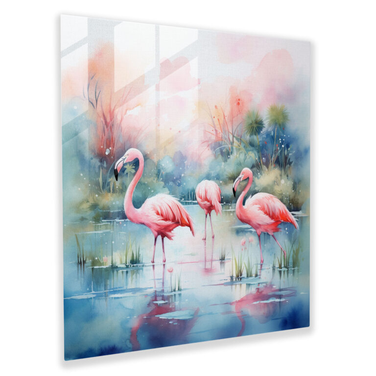 Flamingo Glass Print - Serene Lagoon Watercolor - Flamingo, Glass Art, Flamingo, Modern Art