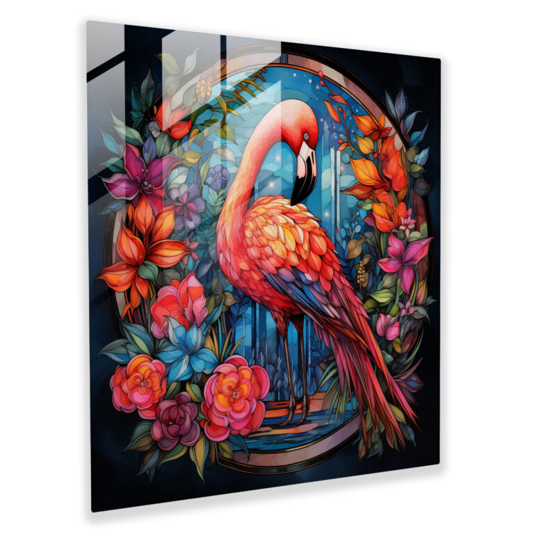 Flamingo Glass Print - Tropical Stained Glass - Flamingo, Tropical Flowers, Stained Glass, Wall Decoration