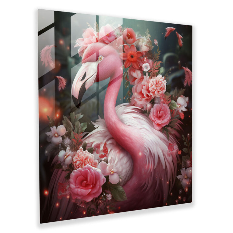Flamingo Glass Print - Whimsical Floral Crown - Flamingo, Glass Wall Art, Home Decoration, Whimsical
