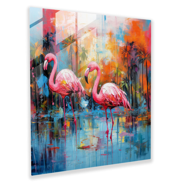 Flamingo Paradise Glass Print - Flamingo, Wall Decoration, Modern Art, Glass Art