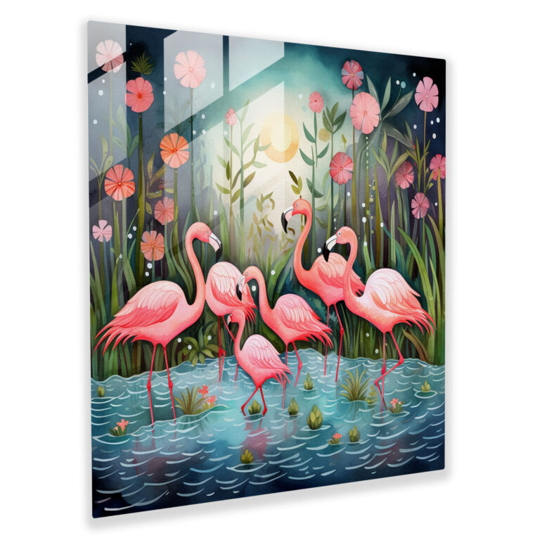 Whimsical Watercolor Flamingo Glass Print - Flamingo, Modern Art, Wall Decoration, Paradise