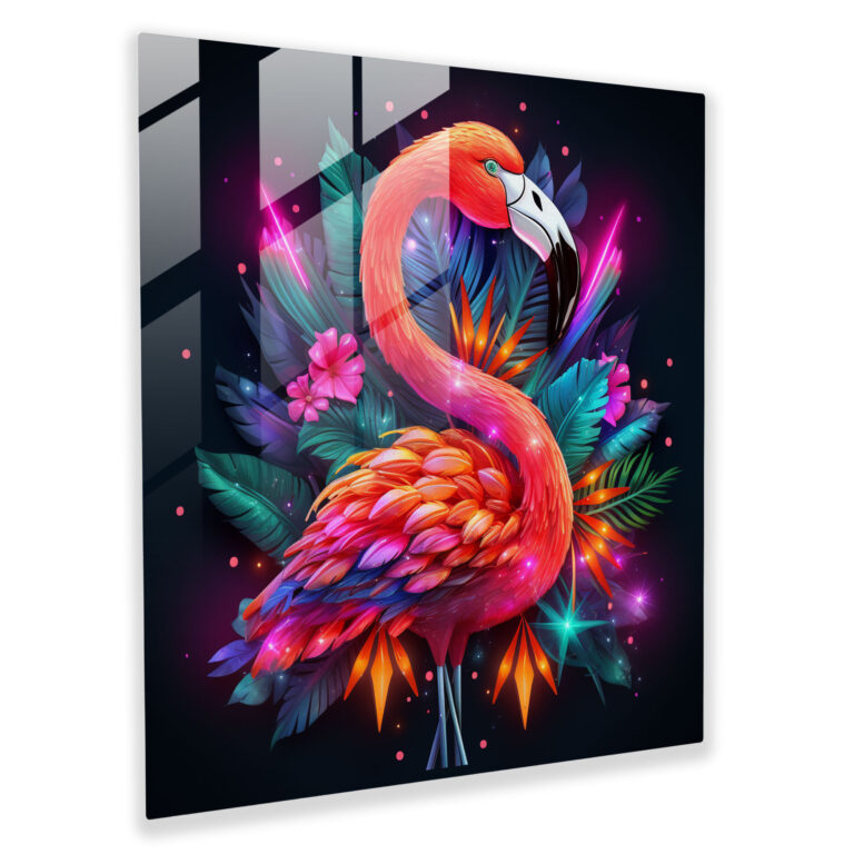 Flamingo Neon Glow Glass Print - Flamingo, Retro Vibe, Wall Decoration, Neon Sign-Inspired Artwork