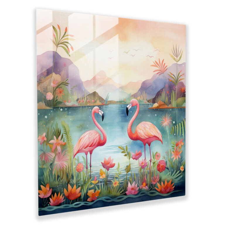 Whimsical Flamingo Haven Glass Print - Flamingo, Glass Wall Art, Fantastical Landscape, Glass Art