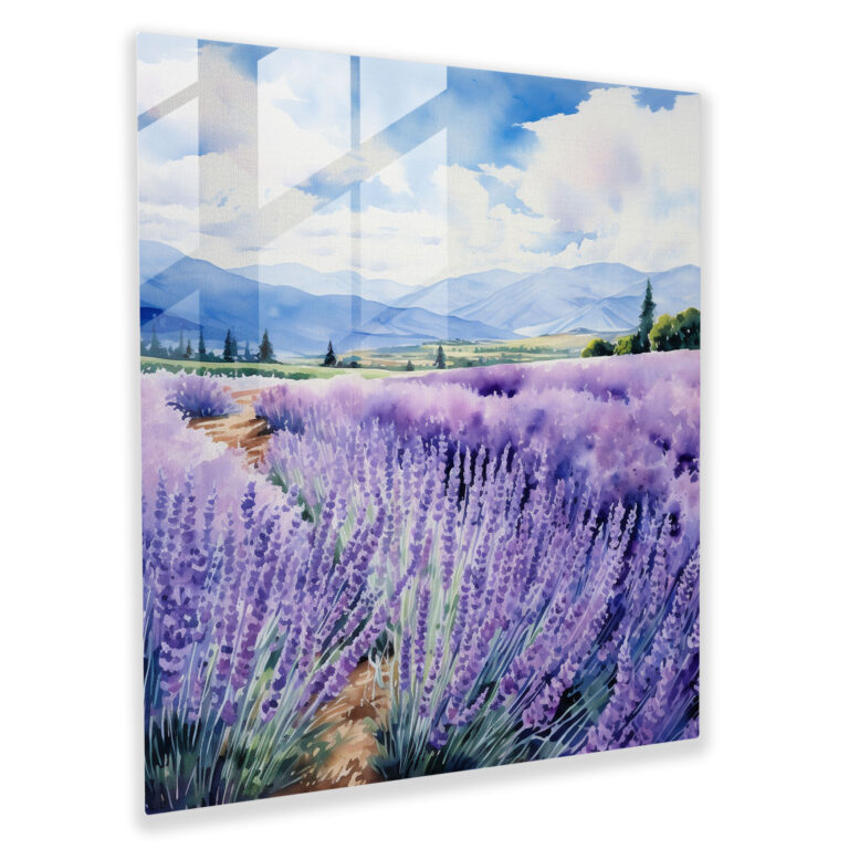 Elegant Glass Print of Home Decoration - Lavender Field Watercolor Glass Wall Art