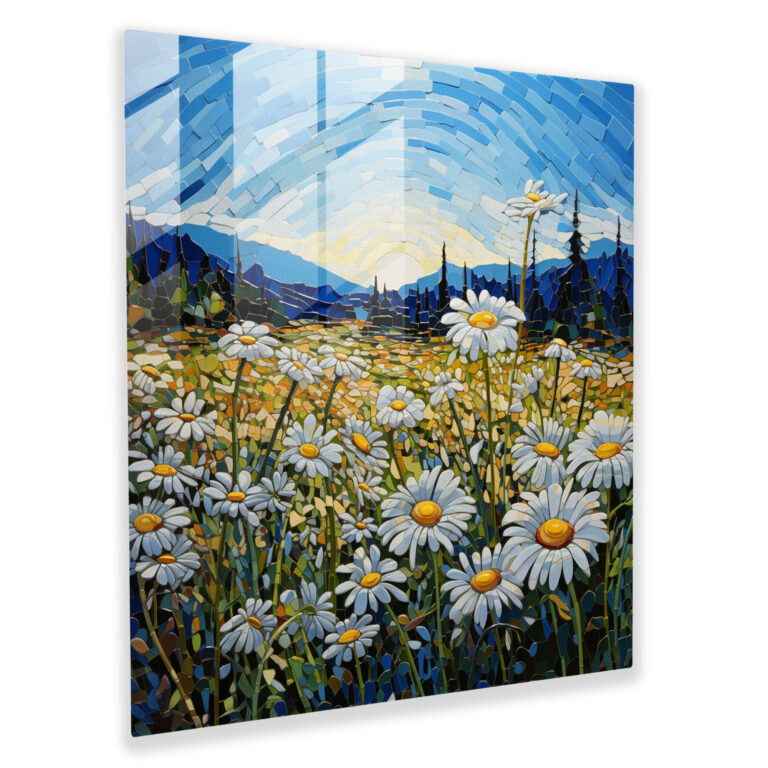 Artistic Glass Print of Glass Art - Daisy Field Mosaic Glass Wall Art