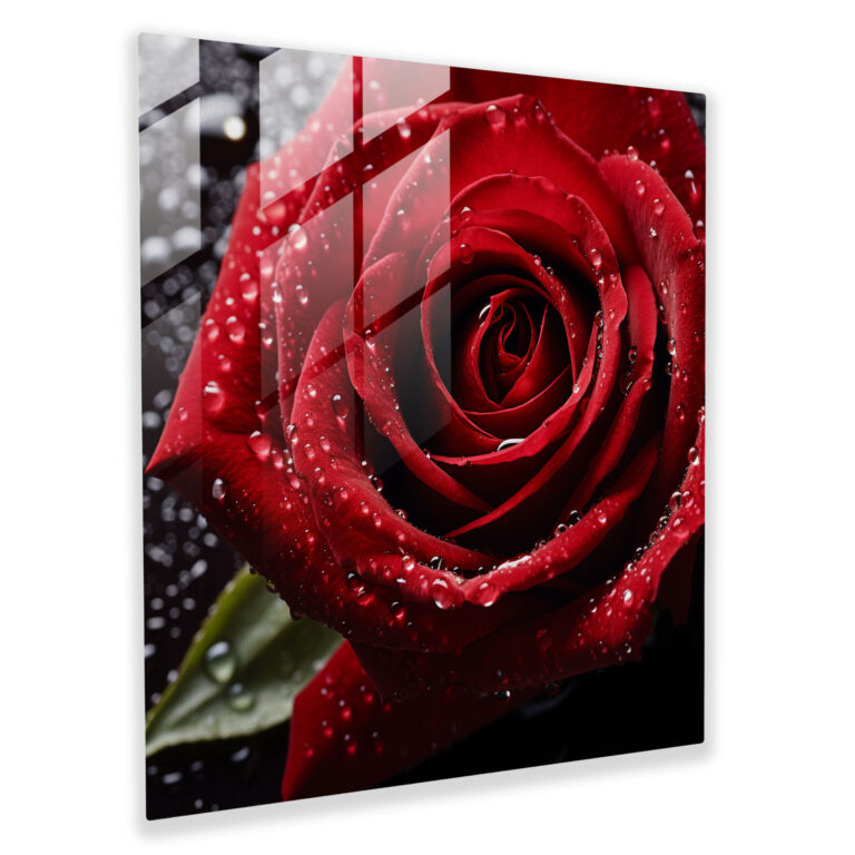 Striking Glass Print of Wall Decor - Dewy Red Rose Modern Art Photograph Glass Wall Art