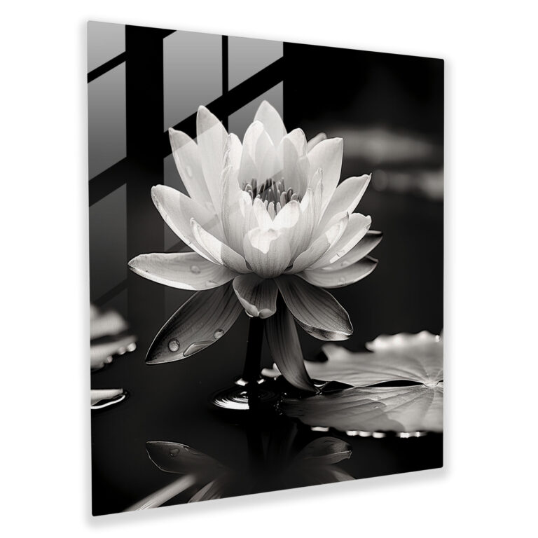 Elegant Glass Print of Glass Art - Serene Lotus Pond Black and White Glass Wall Art