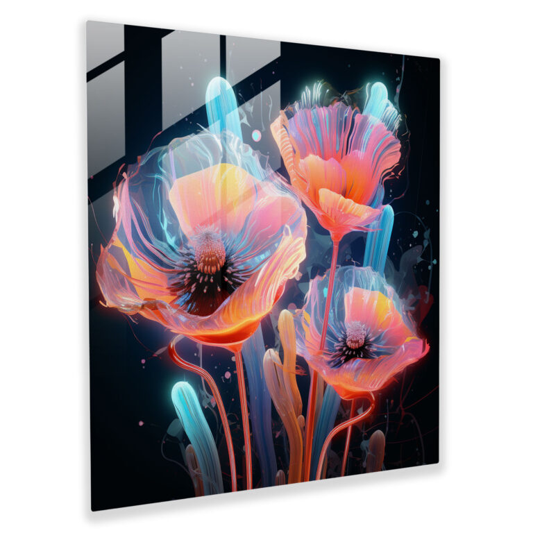 Ethereal Neon Flowers Glass Print
