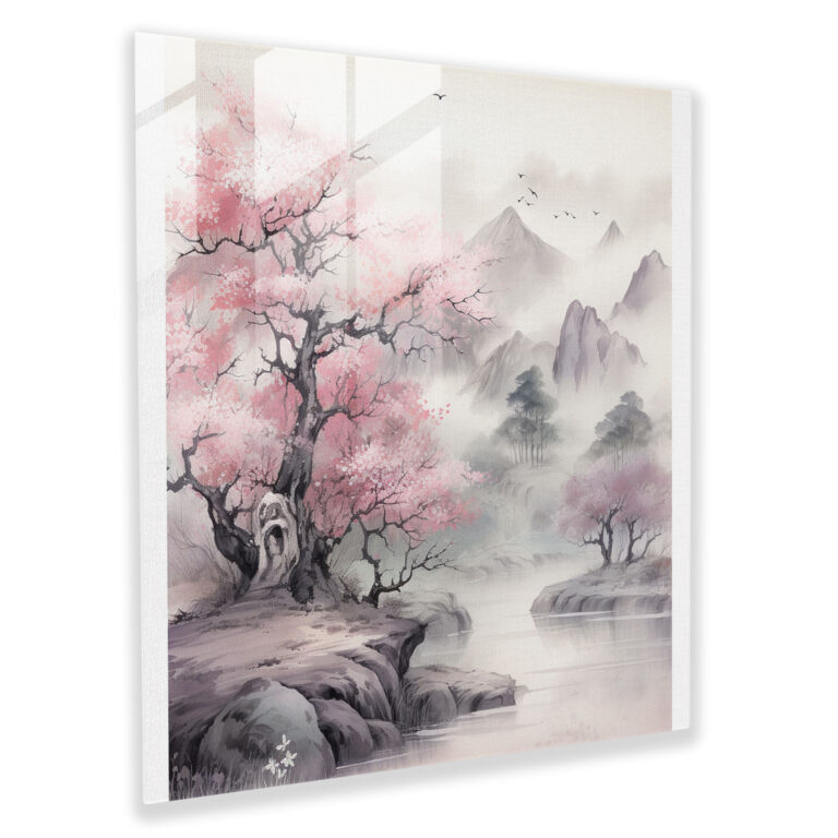 Cherry Blossom Serenity Glass Print - Traditional Chinese Ink Glass Wall Art - Home Decoration - Modern Art Work