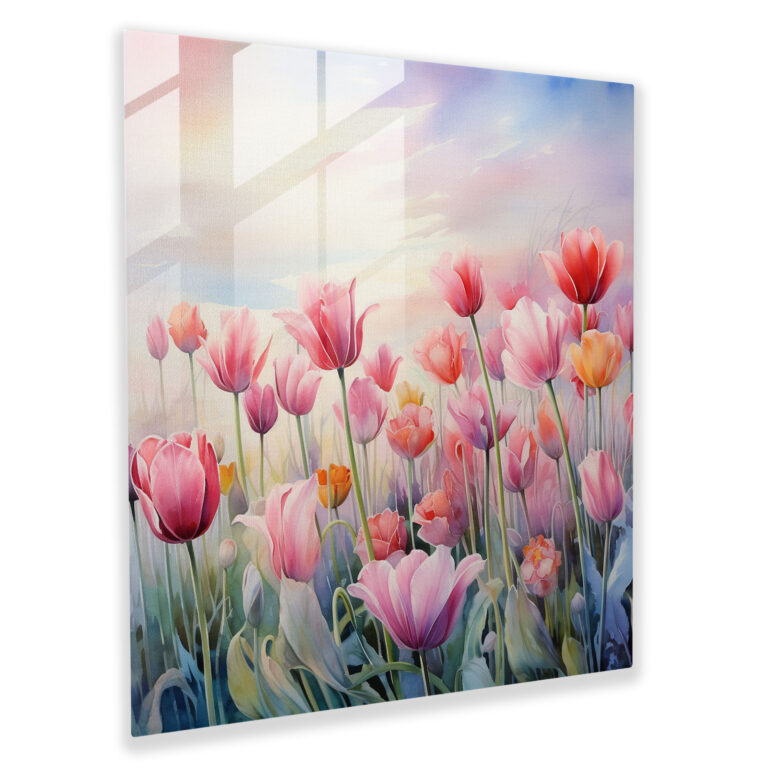 Romantic Tulip Field Glass Print - Delicate Watercolor Wall Decor