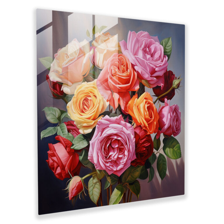 Sophisticated Glass Print of Realistic Rose Bouquet for Home Decor